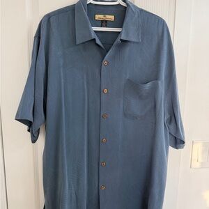 Tommy Bahama Hawaii Button Shirt Foliage Jacquard 100% Silk Summer Blue Relax LG